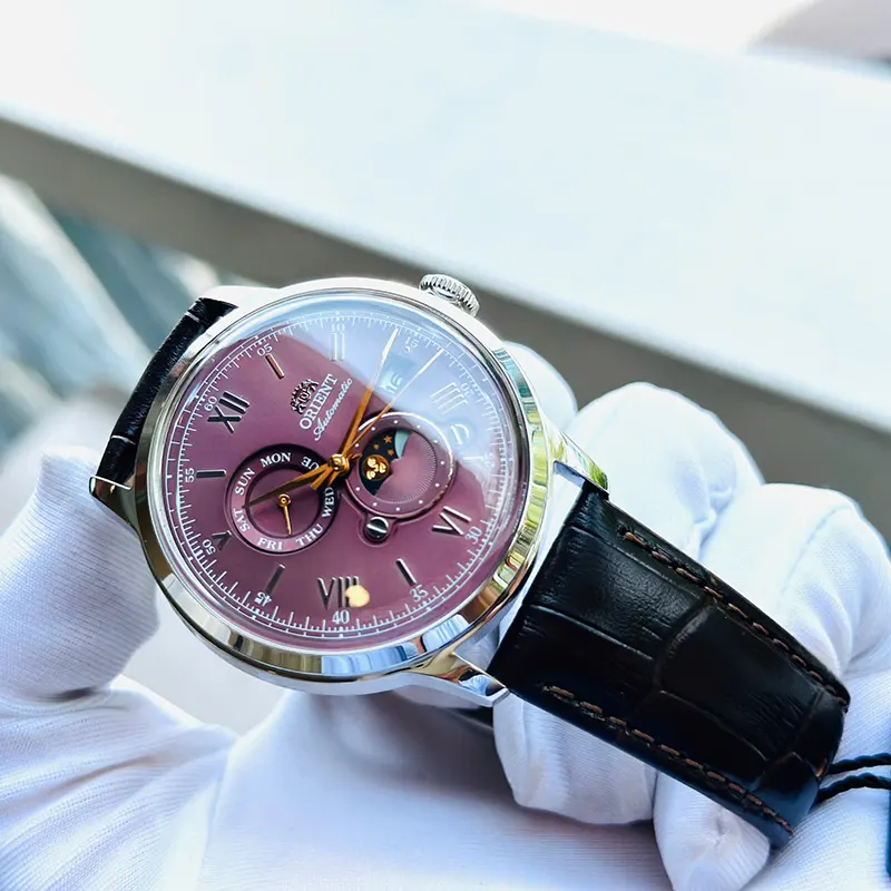 Orient Bambino Sun and Moon Bordeaux Dial Men's Watch- RA-AK0807R